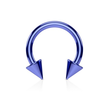 niebieska podkówka ze stali chirurgicznej 316L z powłoką PVD, zakończona ostrymi grotami. Trwała, odporna na ścieranie, z zewnętrznym gwintem, uniwersalna do septum, helix, tragus, brwi i innych miejsc