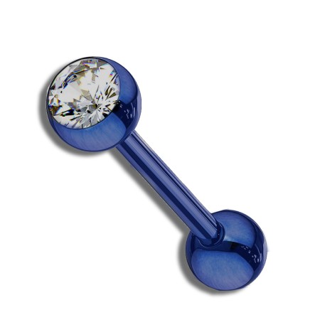 Niebieska sztanga do języka ze stali chirurgicznej 316L z powłoką PVD, ozdobiona białą cyrkonią. Trwała, odporna na korozję i ścieranie, bezpieczna dla skóry, z głębokim, intensywnym kolorem