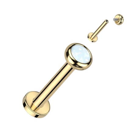 Tytanowy złoty labret z białym opalem, gwint wewnętrzny, powłoka PVD. Nakrętka 3 lub 4 mm z potrójnym uchwytem..