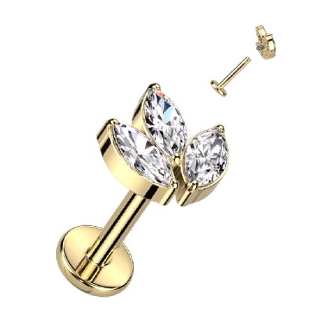 Tytanowy złoty labret Marquize Queen z 3 kryształami. Pręt 1,2 mm, gwint wewnętrzny 0,9 mm, nakrętka wysokości 6,35 mm. Wykonany z tytanu chirurgicznego G23 z powłoką PVD. Idealny na świeże przekłucia i dla alergików. Pasuje do helix, lobe, conch.