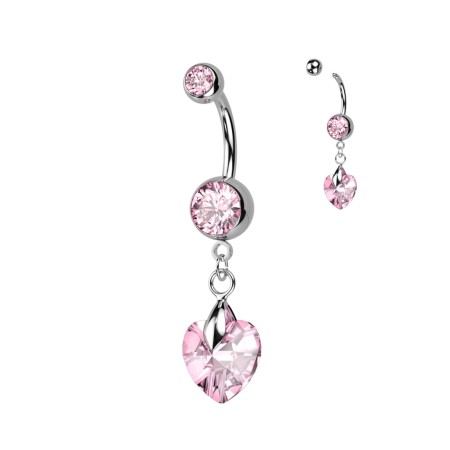 kolczyk do pępka Pink Prism Heart to subtelna i romantyczna biżuteria z zawieszką w kształcie serca, ozdobioną pudroworóżowymi cyrkoniami. Wykonany ze stali chirurgicznej 316L, łączy trwałość z delikatnym, kobiecym blaskiem.