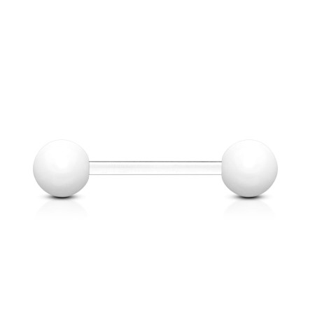 Biała sztanga do języka z bioflexu z lekkimi akrylowymi kuleczkami. Elastyczna, bezpieczna i komfortowa – idealna na co dzień, minimalizuje ryzyko uszkodzenia szkliwa.