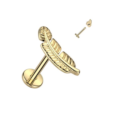 Tytanowy labret z złotym piórkiem 11,2 mm, wykonany z hipoalergicznego tytanu G23 z powłoką PVD. Elegancki, trwały i odporny na ścieranie. Idealny do helix, lobe, tragus – subtelny, nowoczesny akcent w Twoim piercingu.