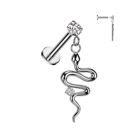 Snake Dangle Labret z 3 mm białą cyrkonią i zawieszką w kształcie kryształowego węża o długości 15,4 mm. Połączenie klasyki z ekstrawagancją, nadające drapieżny i elegancki charakter.