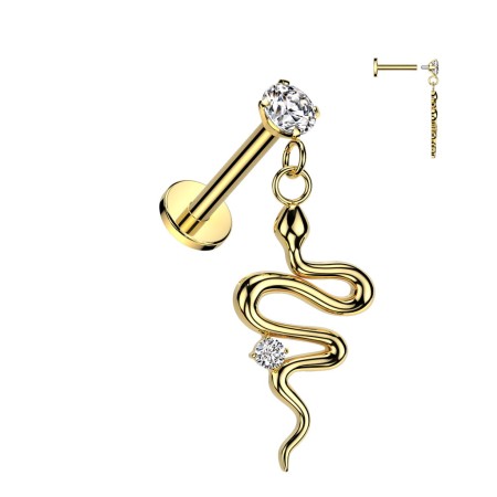 Snake Gold Dangle Labret – elegancki labret z 3 mm białą cyrkonią i zawieszką w kształcie kryształowego węża o długości 15,4 mm. Stylowy, wyjątkowy dodatek z nutą tajemniczości.