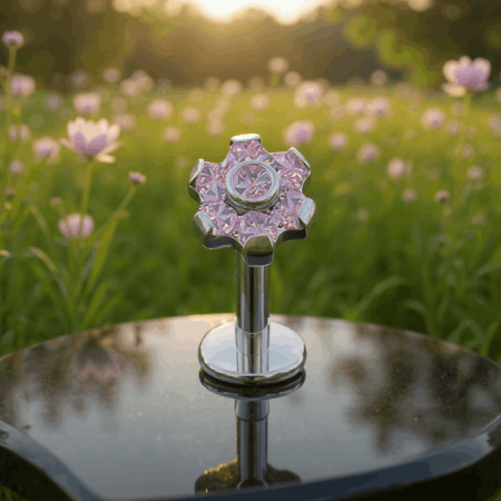 labret z nakrętką w formie kwiatka to idealne połączenie romantyzmu i elegancji. Siedem różowych cyrkonii kubicznych tworzy harmonijną kompozycję: sześć kryształowych płatków otacza centralny kamień, którego blask dopełnia całości.