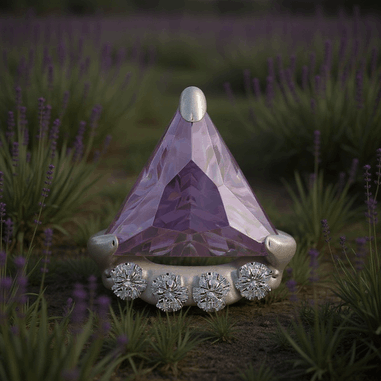 Nakrętkę zdobi centralny fioletowy kamień w kształcie trójkąta, który przyciąga spojrzenia i nadaje biżuterii nowoczesnego charakteru. Pod nim umieszczono cztery błyszczące cyrkonie, tworząc subtelny, diademowy efekt.