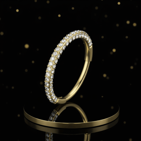 Tytanowy złoty clicker do nostrila z trzema rzędami cyrkonii