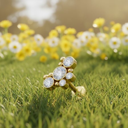 Labret Gold Butterfly Cluster ze złotym wykończeniem, zdobiony kryształowym motylkiem z białych cyrkonii i kuleczek.
