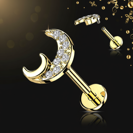 Złoty labret z podwójnym księżycem, ozdobiony białymi kryształkami (8x5 mm). Idealny do przekłuć helix, forward helix, lobe, upper lobe, flat helix, conch i tragus. Wykonany ze stali chirurgicznej 316L i mosiądzu z powłoką PVD, gwint wewnętrzny.