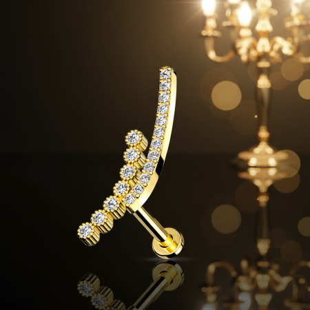 Labret z podwójnym złotym łukiem ozdobionym kryształkami CZ. Nakrętka wkręcana na gwint wewnętrzny. Idealny do piercingu lobe, helix, conch. Pręt ze stali 316L, nakrętka z mosiądzu pokryta 14K złotem.