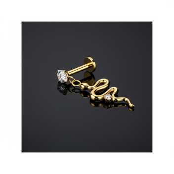 elegancki labret z 3 mm białą cyrkonią i zawieszką w kształcie kryształowego węża