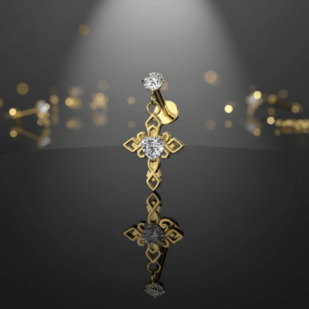 Labret Gold Cross Dangle z białą cyrkonią i delikatną zawieszką w kształcie krzyżyka zdobionego kryształkami.
