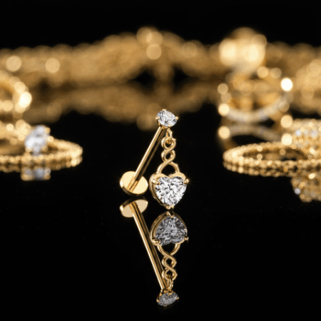 Labret Gold Heart Dangle z 3 mm białą cyrkonią i kryształowym serduszkiem (10,3 mm).