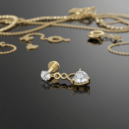 Labret Gold Heart Dangle z 3 mm białą cyrkonią i kryształowym serduszkiem (10,3 mm).