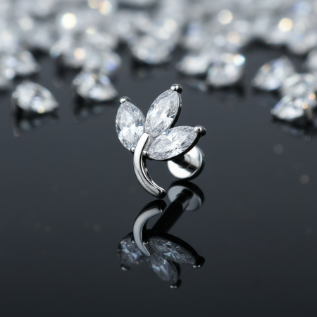 Labret w kształcie listka z trzema lśniącymi cyrkoniami markizy (CZ).