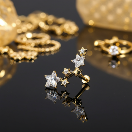 Labret ze złotym kryształowym łukiem ozdobionym gwiazdkami.