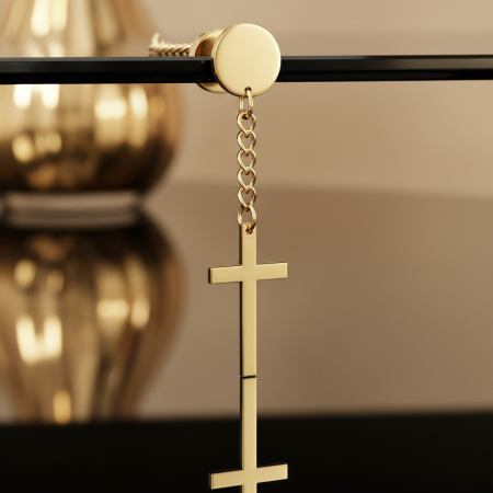 Srebrny fake plug z wiszącym krzyżykiem na łańcuszku, imitujący plug 8 mm.
