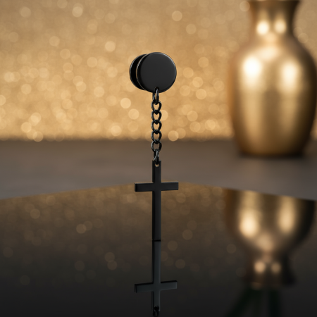 Czarny fake plug z wiszącym krzyżykiem na łańcuszku, imitujący plug 8 mm.