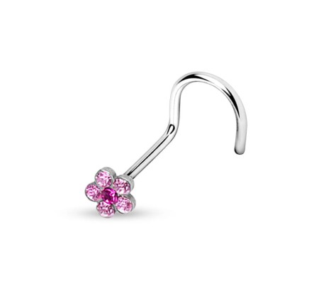 Delikatny kolczyk do nosa wykonany z wysokiej jakości stali chirurgicznej, ozdobiony uroczym różowym kwiatkiem złożonym z sześciu błyszczących cyrkonii.