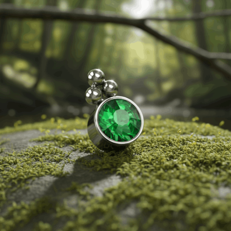 Wyjątkowy labret -okrągła, zielona cyrkonia o głębokim, szmaragdowym odcieniu, przyciągająca wzrok swoim wyrazistym blaskiem. Pod kamieniem umieszczono trzy srebrne kuleczki ułożone w kształt trójkąta