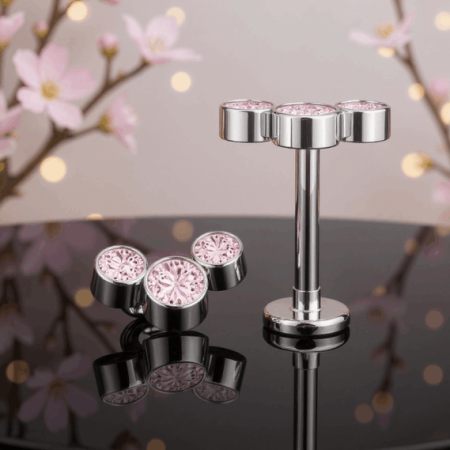 Precyzyjnie osadzone kamienie zachwycają subtelnym, świetlistym blaskiem, przywodząc na myśl różowe diamenty.