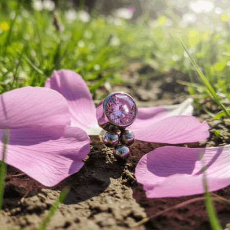 Pod kamieniem znajdują się trzy drobne srebrne kuleczki ułożone w kształt trójkąta, dodające biżuterii lekkości i geometrycznej harmonii.