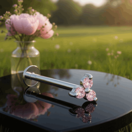 Klasyczny labret Trinity  ozdobiony 3 różowymi cyrkoniami kubicznymi, tworzącymi subtelny trójkąt. Pastelowy blask kamieni dodaje świeżości i romantycznego charakteru, pięknie rozświetlając każde przekłucie ucha.