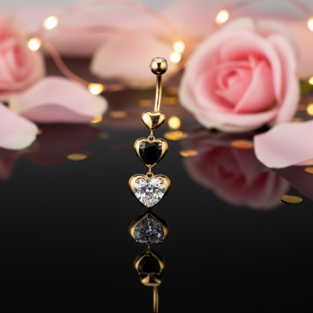 Kolczyk do pępka Triple Heart Dangle – z trzema serduszkami zdobionymi czarnymi i białymi cyrkoniami.