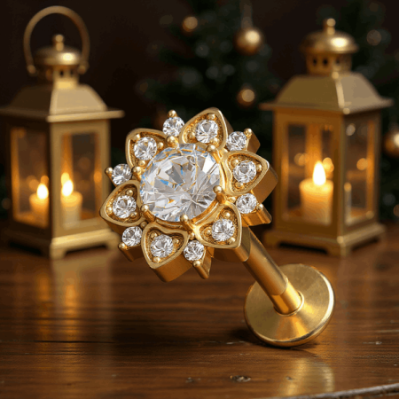 Labret złoty Paved Flower z kwiatem obsypanym białymi kryształkami CZ. Nakrętka 7,9 mm na gwint wewnętrzny. Idealny do piercingu lobe, helix, tragus, conch. Pręt ze stali 316L, nakrętka z mosiądzu pokryta 14K złotem.