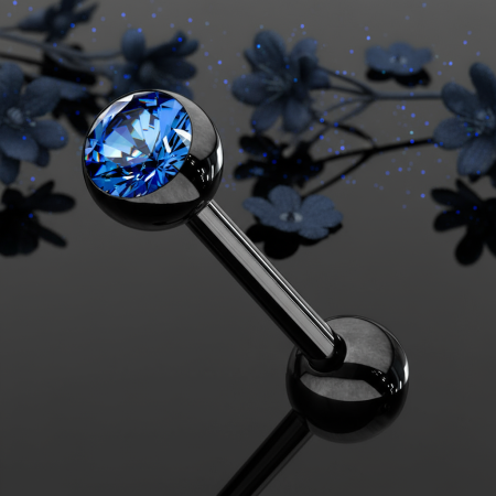 Czarny kolczyk do języka z niebieską cyrkonią i powłoką PVD.