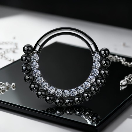 Czarne kółeczko clicker Crystal Balls to biżuteria o wyrazistym, kontrastowym designie. Ozdobne kuleczki i rząd lśniących białych cyrkonii przyciągają wzrok, podkreślając styl piercingu septum i Daith.