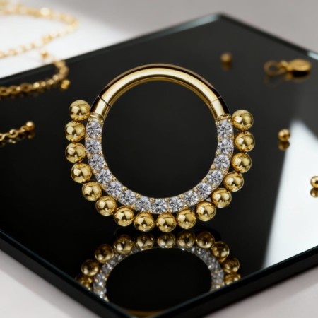 zlote  kółeczko clicker - Ozdobne kuleczki i rząd lśniących białych cyrkonii przyciągają wzrok, podkreślając styl piercingu septum i Daith.