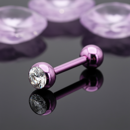 fioletowa sztanga do języka z białą cyrkonią