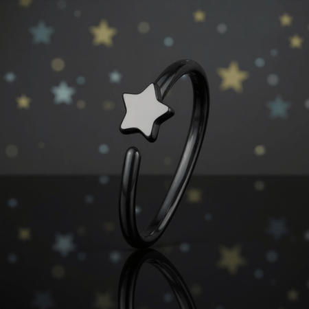 Czarne kółeczko do nostrila z gwiazdką ze stali chirurgicznej 316L z powłoką IP