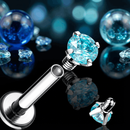 Labret z błękitną cyrkonią 3D