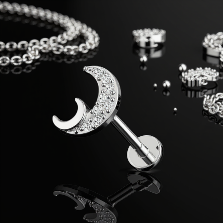 Labret do ucha podwójny księżyc z białymi kryształkami