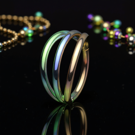 freepik_assistant_1765385596474.pngTytanowe kółeczko tęczowy clicker z trzema obręczami