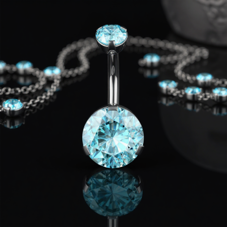 Kolczyk do pępka z dwiema błękitnymi cyrkoniami kubicznymi