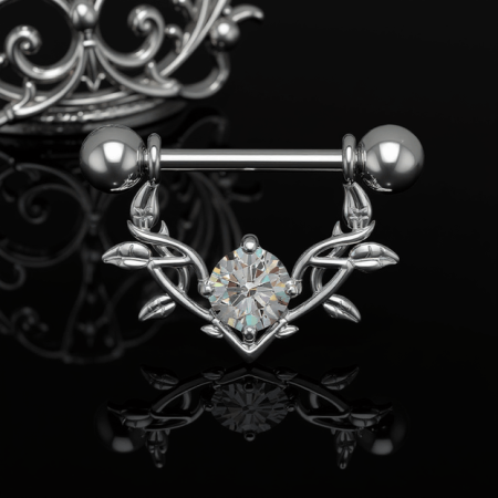 Srebrny kolczyk do sutka – sztanga Vine Dangle Stylowy kolczyk do sutka w formie sztangi z dekoracyjną zawieszką inspirowaną motywem winorośli, symbolizującym naturalne piękno i subtelną zmysłowość.
