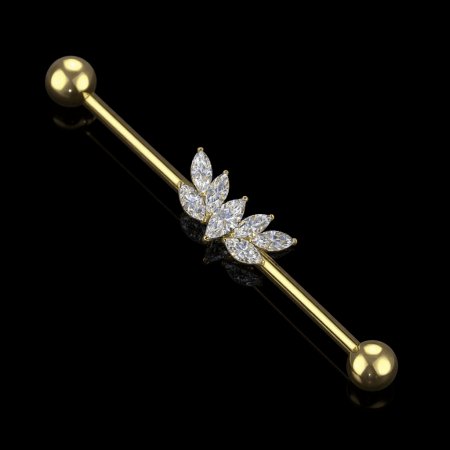 Złota sztanga do industriala – Crystal Butterfly Efektowna sztanga do przekłucia industrial, ozdobiona zachwycającym motywem motyla wykonanego z siedmiu cyrkonii CZ (cubic zirconia)