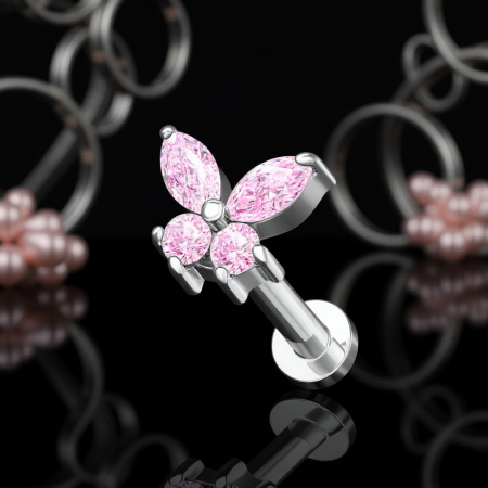 Labret z różowym motylem, skrzydełka wypełnione cyrkoniami .