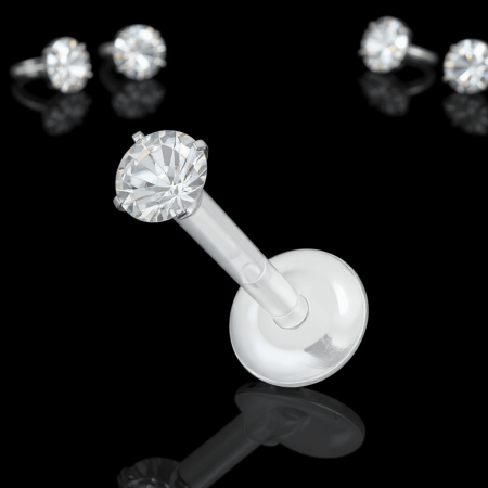 Labret z bioflexu z białym kryształkiem 3D w stalowej oprawie.