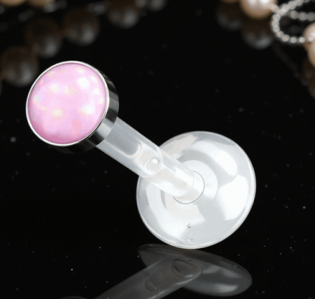 Labret z bioflexu z różowym kamieniem rozświetlającym