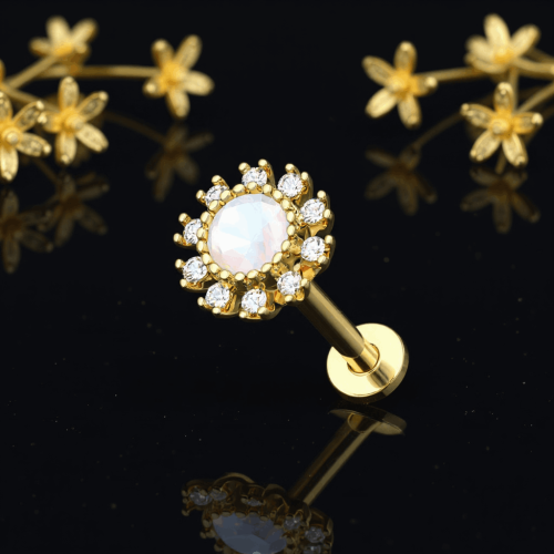 Przejdź do produktu Labret złoty  kryształowy kwiat z opalitem