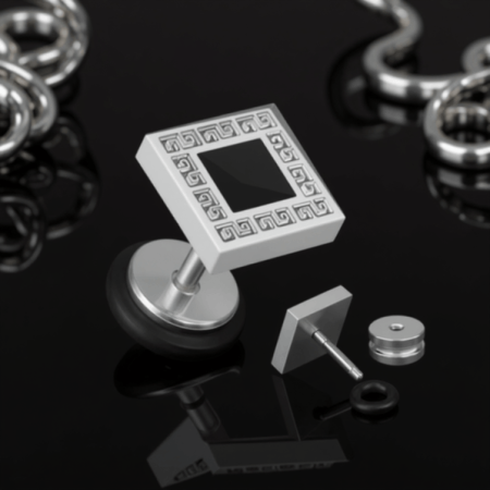 Czarny fake plug  z kwadratowym frontem, ozdobiony żłobieniem i czarnym kwadracikiem