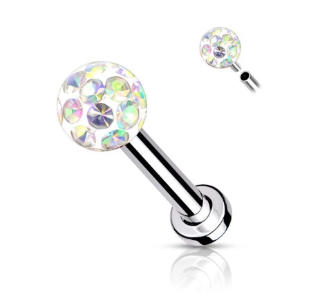 Labret z  kuleczką Ferido Aurora Borealis. Wykonany ze stali chirurgicznej 316L, kulka 3 mm z zatopionymi kryształkami w żelu epoksydowanym. Gwint wewnętrzny.