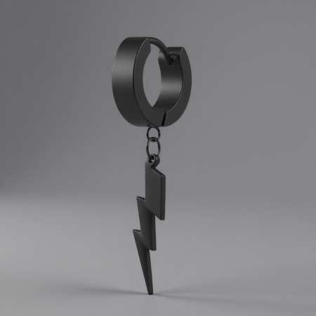 Czarne kółeczko huggie z zawieszką błyskawicą, idealne do lobe. Łatwy system kliknięcia do samodzielnego montażu.