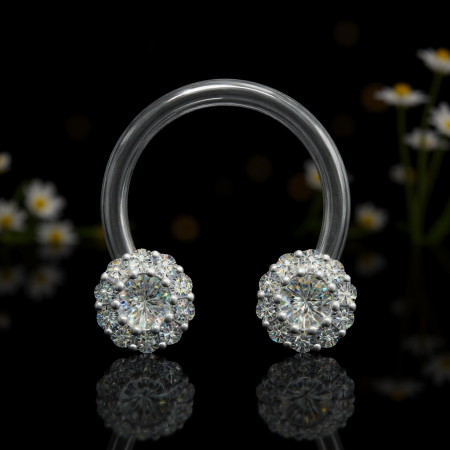 Podkówka z kryształowymi kwiatami. Wykonana ze stali chirurgicznej 316L, dyski z mosiądzu z powłoką rodu. Gwint zewnętrzny. Idealna do septum, daith i smiley.