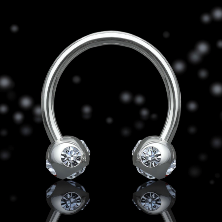 Podkówka z białymi kryształkami umieszczonymi pod i po bokach kuleczek. Wykonana ze stali chirurgicznej 316L. Idealna do septum, daith i smiley. Gwint zewnętrzny.
